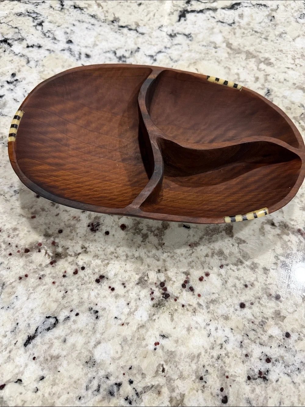 Vintage Handcrafted African Wild Olive Wood Divided Serving Bowl With Bone Inlay